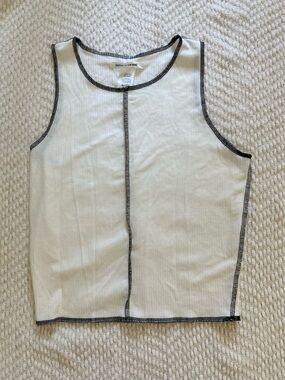 Caution To The Wind White Ribbed Tank with Black Contrast Stitching